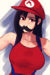  1girl absurdres blush cosplay crossover facial_hair final_fantasy final_fantasy_vii hat highres long_hair looking_at_viewer mario mario_(cosplay) mario_(series) mustache nintendo raichiyo33 red_eyes sweat tifa_lockhart 