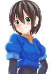  1girl aile_(mega_man_zx) blush bodystocking brown_hair closed_mouth green_eyes hair_between_eyes lip-mil looking_at_viewer mega_man_(series) mega_man_zx robot_ears short_hair short_sleeves simple_background smile solo white_background 