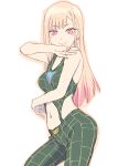  1girl bangs blonde_hair closed_mouth cosplay ear_piercing eyebrows_visible_through_hair green_pants highres jojo_no_kimyou_na_bouken kitagawa_marin kujo_jolyne kujo_jolyne_(cosplay) long_hair looking_at_viewer multicolored_hair navel pants piercing red_eyes red_hair season_connection simple_background smile solo sono_bisque_doll_wa_koi_wo_suru spider_web_print stone_ocean two-tone_hair ueyama_michirou white_background 