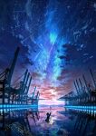  1girl 2others ahoge bare_legs black_hair bob_cut commentary facing_away galaxy guitar_case highres horizon instrument_case milky_way multiple_others night night_sky original perspective reflection reflective_water scenery short_hair signature silhouette sky sparkle standing star_(sky) vinci_v7 water waving wide_shot 