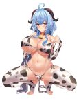 1girl absurdres ahoge alternate_costume animal_collar animal_ears animal_print bangs bare_shoulders bell blush breast_grab breasts cleavage closed_mouth collar collarbone cow_ears cow_horns cow_print cow_tail cowbell curled_horns elbow_gloves eyebrows_visible_through_hair eyelashes full_body furrowed_brow ganyu_(genshin_impact) genshin_impact gloves goat_horns grabbing highres horns large_breasts long_hair looking_at_viewer navel neckbell onedoo red_collar red_horns skindentation solo squatting stomach sweatdrop symbol-only_commentary tail thighhighs thighs 
