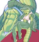  5_toes abs anthro athena_(f_draws) bodily_fluids bra breasts clothing crocodilian f_draws feet female green_body green_scales hi_res muscular muscular_anthro muscular_arms muscular_female muscular_legs reptile scales scalie solo sweat thong toes under_boob underwear 