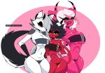  2022 anthro breasts camel_toe canid canid_demon carliabot clothing demon female fur gris_swimsuit group hellhound helluva_boss imp loona_(helluva_boss) mammal meme meme_clothing millie_(helluva_boss) one-piece_swimsuit pink_body pink_skin red_body red_skin swimwear text translucent translucent_clothing translucent_swimwear trio url verosika_mayday_(helluva_boss) white_body white_fur 