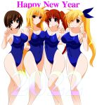  2022 4girls ;) blonde_hair blue_eyes blue_ribbon blue_swimsuit breasts brown_hair closed_mouth commentary_request covered_navel english_text engo_(aquawatery) eyebrows_visible_through_hair fate_testarossa hair_ornament hair_ribbon hair_tie hairclip happy_new_year highres long_hair looking_at_viewer lyrical_nanoha mahou_shoujo_lyrical_nanoha_vivid medium_breasts multiple_girls new_year ok_sign one-piece_swimsuit one_eye_closed partial_commentary pose red_eyes ribbon school_swimsuit side-by-side side_ponytail simple_background smile standing swimsuit takamachi_nanoha v vivio white_background x_hair_ornament yagami_hayate 