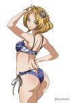  ass blonde_hair blue_eyes bra braid excaliblader fire_emblem fire_emblem_warriors flower hair_flower hair_ornament hairpin hand_in_hair hand_on_hip highres lianna_(fire_emblem) lingerie looking_at_viewer panties princess short_hair sunflower sunflower_hair_ornament underwear 