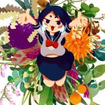 1girl :3 arms_up blue_eyes blue_hair blue_sailor_collar blue_skirt blush_stickers bow bowtie bukka-chan_(butudan_butugu) butudan_butugu flower highres leaf looking_at_viewer minigirl multicolored_hair no_nose no_sclera open_mouth orange_flower original outstretched_arms plant purple_flower red_bow red_bowtie sailor_collar school_uniform serafuku shirt short_sleeves skirt smile solo streaked_hair symbol-only_commentary two-tone_hair white_background white_hair white_shirt 