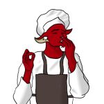  1:1 anthro apron bovid caprine chef chef_hat clothed clothing digital_drawing_(artwork) digital_media_(artwork) fingers fur goat hat headgear headwear male mammal red_body red_fur redvel_fett simple_background solo sticker 