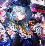  1boy absurdres androgynous arknights blue_hair chopsticks eating food hat highres jellyfish looking_at_viewer looking_to_the_side male_focus mizuki_(arknights) pale_skin purple_eyes solo tongue tongue_out zeklewaaa 