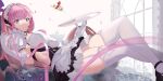  1girl apron bangs black_footwear blue_eyes breasts elbow_gloves elysia_(honkai_impact) food glass gloves grin highres holding holding_tray honkai_(series) honkai_impact_3rd ice_cream looking_at_viewer lying maid maid_apron maid_headdress on_back petals pink_hair pointy_ears reiruiki shoes smile solo teeth tray white_background white_gloves white_legwear window 