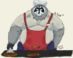  2022 anthro apron as_thun black_nose bottomwear clothing cooking food fur grey_body grey_fur hat headgear headwear humanoid_hands male mammal overweight overweight_male pants procyonid raccoon shirt solo topwear 