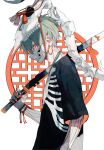  1boy animal_skull bandages green_hair highres holding holding_weapon katana looking_to_the_side male_focus mask mouth_mask original pale_skin sakusya2honda skeleton solo sword tattoo weapon yellow_eyes 