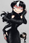  1girl black_dress black_gloves black_hair blush breasts chibi closed_eyes covering_mouth detached_sleeves dress elbow_gloves english_text eyebrows eyebrows_visible_through_hair gloves hand_over_own_mouth highres jaggy_lines large_breasts long_dress long_hair mixed-language_commentary multicolored_hair multiple_views narrow_waist night night_sky noss_(rariatto) original rariatto_(ganguri) shy sky smile speech_bubble streaked_hair thank_you vampire wavy_mouth white_hair 