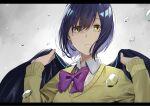  1girl bangs black_hair bow eyebrows_behind_hair eyebrows_visible_through_hair hair_between_eyes highres hitotose_hirune holding holding_clothes holding_jacket jacket looking_at_viewer nijisanji open_mouth rain ribbon school_uniform shizuka_rin short_hair solo sweater upper_body virtual_youtuber yellow_eyes 