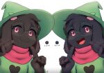  &lt;3 4_fingers anthro black_body black_fur blush bovid caprine clothing deltarune duo eyewear fingers fur glasses goat green_clothing green_hat green_headwear hat headgear headwear hi_res japanese_text male male/male mammal open_mouth open_smile ralsei red_scarf scarf simple_background smile suru text undertale_(series) video_games 