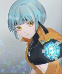  1girl bandana black_shirt black_survival blue_hair bomb celine_marie_noel crop_top dog_tags eternal_return:_black_survival explosive ganjigae jumpsuit looking_at_viewer orange_jumpsuit shirt short_hair solo unzipped yellow_eyes 