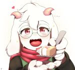  &lt;3 2_horns 4_fingers blush bovid cake caprine cutlery deltarune dessert eyewear fingers floppy_ears food fork fur glasses goat hi_res horn japanese_text kitchen_utensils looking_at_viewer male mammal open_mouth open_smile ralsei red_scarf scarf smile solo suru text tools undertale_(series) video_games white_body white_fur 