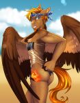  5_fingers absurd_res anthro blue_eyes brown_body brown_feathers brown_fur cutie_mark day detailed_background equid equine feathered_wings feathers fingers fur hair hi_res looking_at_viewer male mammal my_little_pony orange_hair outside pegasus sky solo standing teeth thecatnamedfish wings 