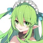  1girl absurdres artist_name bangs black_souls bright_pupils chinese_commentary eyebrows_visible_through_hair eyes_visible_through_hair fairy fairy_wings green_eyes green_wings hair_between_eyes highres leaf_(black_souls) light_green_hair long_hair maid_headdress pointy_ears portrait pupa_jiang simple_background solo two_side_up white_background white_pupils wings 
