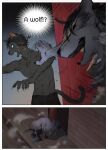  ! ? aman_(weibo) anthro black_body bottomwear canid canine canis clothing comic domestic_cat duo edit english_text felid feline felis fur grey_body grey_fur hard_translated humanoid_hands lying male mammal outside scared shorts surprise text translated wolf 