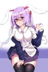  1girl :o alternate_hairstyle animal_ears bangs black_legwear blush commentary_request eyelashes feet_out_of_frame highres light_purple_hair long_hair long_sleeves looking_at_viewer open_mouth rabbit_ears reisen_udongein_inaba rimless_eyewear simple_background sitting solo thighhighs touhou two_side_up white_background xialuluo_(sharuro) 
