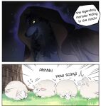  aman_(weibo) anthro biped bovid canid canine canis caprine cloak clothing comic edit english_text feral group hard_translated mammal night plant scared sheep text translated tree white_body wolf 