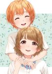  2girls :d ^_^ blue_bow blue_bowtie blush bow bowtie brown_hair closed_eyes highres hoshizora_rin hug hug_from_behind koizumi_hanayo love_live! love_live!_school_idol_project multiple_girls open_mouth orange_hair otonokizaka_school_uniform school_uniform shirt short_sleeves smile summer_uniform teeth upper_teeth utamo_(utautamomo) white_shirt yuri 