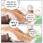  aman_(weibo) anthro biped bodily_fluids brown_body brown_fur canid canine canis comic domestic_dog edit english_text feral fur group hard_translated herding_dog lying mammal outside pastoral_dog scared sweat text translated white_body white_fur 
