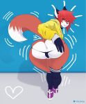  &lt;3 anthro anus balls bent_over black_clothing black_ears black_thong black_underwear butt canid canine clothing collar drawstring fluffy fluffy_tail footwear fox fur genitals girly grin hand_on_butt hi_res high_socks inner_ear_fluff jacket male mammal no_pants orange_body orange_fur presenting presenting_hindquarters shoes simple_background skindentation smile sneakers solo thong topwear tuft underwear vikifox white_body white_fur yellow_eyes 