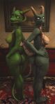  2022 2_horns 3d_(artwork) anthro asian_mythology big_breasts big_butt breasts butt carpet digital_media_(artwork) dragon dragon_(petruz) duo east_asian_mythology eastern_dragon female furniture green_body green_eyes green_scales hand_on_hip hi_res horn inside looking_at_viewer multicolored_body mythology nails nipples non-mammal_breasts non-mammal_nipples nude painting plantigrade pupils rear_view reptile scaleddelta scales scalie slit_pupils smile sofa source_filmmaker standing tail_aside tan_body tan_scales teeth two_tone_body western_dragon 