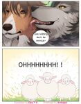  aman_(weibo) anthro blush bodily_fluids bovid brown_body brown_fur canid canine canis caprine comic domestic_dog duo edit english_text feral fur grey_body grey_fur group hard_translated herding_dog licking mammal outside pastoral_dog sheep sweat text tongue tongue_out translated wolf 
