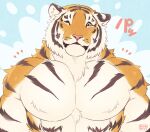  2021 abs anthro biceps big_muscles blue_background blush digital_media_(artwork) felid fur giraffe_(artist) hi_res huge_pecs japanese_text lam-chan male mammal muscular muscular_anthro muscular_male nude one_eye_closed pantherine pec_flexing pecs signature simple_background solo solo_focus striped_body striped_fur stripes text tiger white_body white_fur wink 