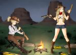  2girls animal_print belt blonde_hair boots breasts brown_footwear brown_legwear campfire cleavage commentary commission cow_print cowboy_hat denim denim_shorts english_commentary fire_emblem fire_emblem_awakening fire_emblem_fates gun handgun hat highres holding holding_gun holding_weapon igni_tion lissa_(fire_emblem) midriff multiple_girls navel ophelia_(fire_emblem) pants pistol rifle scarf shorts sitting standing weapon 