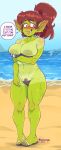  2022 5_fingers 5_toes abs absurd_res areola athletic athletic_female beach big_breasts blush bodily_fluids breasts brown_hair camel_toe clothing day dialogue ear_piercing embarrassed english_text erect_nipples feet female fingers footwear green_body green_skin gris_swimsuit hair hi_res humanoid looking_away meme meme_clothing midriff navel nerdbayne nipples not_furry one-piece_swimsuit orc outside piercing ponytail pubes red_eyes sand sandals sea seaside sky smile smirk solo speech_bubble standing suntan sweat swimwear tan_line text thick_thighs toes translucent translucent_clothing translucent_swimwear tusks wardrobe_malfunction water wide_hips 