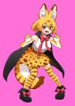  1girl absurdres alternate_eye_color animal_ear_fluff animal_ears bangs black_cape black_footwear blonde_hair blush bow bow_footwear cape commentary elbow_gloves extra_ears fangs full_body gloves hair_between_eyes high-waist_skirt highres kemono_friends looking_at_viewer oogushi_aritomo open_mouth pink_background print_gloves print_legwear print_skirt red_bow red_eyes serval_(kemono_friends) serval_print shirt shoes short_hair simple_background skirt sleeveless sleeveless_shirt solo tail thighhighs vampire_costume white_shirt zettai_ryouiki 