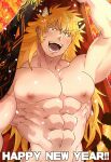  1boy abs animal_ears bara blonde_hair blue_eyes fangs large_pectorals looking_at_viewer male_focus muscular muscular_male navel new_year nipples original pectoral_cleavage pectorals solo sugo6969 
