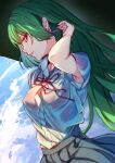  1girl absurdres adjusting_hair armpit_crease blue_sky cloud cloudy_sky covered_nipples earrings green_hair grey_skirt highres jewelry long_hair marse_(rokudaime) original parted_lips red_eyes red_ribbon ribbon see-through shirt_tucked_in skirt sky solo water wet wet_clothes 