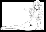  1girl arm_support azukiko black_border border breasts completely_nude convenient_censoring ear_piercing greyscale hand_to_head highres kitagawa_marin large_breasts long_hair lying monochrome navel nipples nude on_side piercing pubic_hair smile solo sono_bisque_doll_wa_koi_wo_suru 