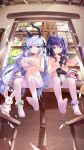  2girls absurdres animal animal_ears animal_hug bangs black_cat black_hairband blue_eyes blue_flower bunny cat choker closed_mouth eyebrows_visible_through_hair fake_animal_ears feet flower flower_anklet foot_focus from_below fuiba_fuyu full_body gochuumon_wa_usagi_desu_ka? hair_flower hair_ornament hair_ribbon hairband hairclip hehehzb highres holding holding_animal holding_cat indoors kafuu_chino long_hair looking_at_viewer multiple_girls pantyhose parted_lips purple_hair purple_ribbon rabbit_ears ribbon short_hair signature silver_hair sitting sleeveless smile soles toes very_long_hair white_choker white_legwear window 