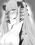  1girl azur_lane blush bow breasts breasts_out eyebrows_visible_through_hair formidable_(azur_lane) greyscale hair_bow hair_ribbon highres kanaya604 large_breasts long_hair looking_at_viewer monochrome nose_blush ribbon sidelocks solo sweat twintails upper_body 
