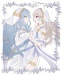  2girls alternate_costume armlet azura_(fire_emblem) blue_hair corrin_(fire_emblem) corrin_(fire_emblem)_(female) detached_sleeves dress eye_contact fffera fingerless_gloves fire_emblem fire_emblem_fates fire_emblem_heroes gloves highres long_hair looking_at_another multiple_girls official_alternate_costume open_mouth pointy_ears red_eyes shawl smile thighlet veil very_long_hair yellow_eyes 