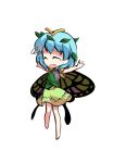  1girl antennae aqua_hair barefoot butterfly_wings chibi closed_eyes dairi dress eternity_larva eyebrows_visible_through_hair fairy full_body green_dress hair_between_eyes leaf leaf_on_head multicolored_clothes multicolored_dress open_mouth short_hair short_sleeves single_strap solo spread_legs standing tachi-e tears touhou transparent_background wings 