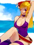  1girl ;) arm_over_head arm_up armpits bare_shoulders blonde_hair breasts collarbone day dress fatal_fury fingerless_gloves gloves highres jenet_behrn large_breasts long_hair looking_at_viewer mark_of_the_wolves one_eye_closed oni_gini outdoors parted_lips purple_dress purple_eyes red_gloves sitting sky smile snk solo 