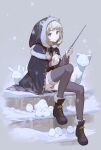  1girl ankle_boots bangs blue_eyes boots cloak closed_mouth fur-trimmed_boots fur-trimmed_legwear fur_trim hks_(timbougami) holding holding_wand hood hooded_cloak light_green_hair looking_at_viewer on_stairs original short_hair sitting snow solo stairs thighhighs wand 