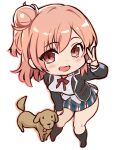  1girl :d black_jacket black_legwear blazer blush bow chibi commentary dog eyebrows_visible_through_hair eyes_visible_through_hair full_body hair_bun hand_on_thigh hand_up highres jacket leaning_forward long_sleeves looking_at_viewer medium_hair ookuma_nekosuke open_clothes open_jacket open_mouth outline pink_eyes pink_hair plaid plaid_skirt red_bow red_eyes red_hair school_uniform shirt side_bun simple_background skirt smile socks solo teeth tongue tongue_out upper_teeth v white_background white_shirt yahari_ore_no_seishun_lovecome_wa_machigatteiru. yuigahama_yui 
