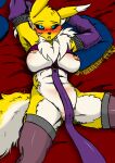  anthro bandai_namco bed blue_eyes blush breasts clothed clothing colored detailed_background digimon digimon_(species) edit female fluffy fluffy_tail fur furniture hi_res lying lying_on_bed multicolored_body multicolored_fur nipples on_bed open_mouth partially_clothed renamon risenhentaidemon solo two_tone_body two_tone_fur white_body white_fur yawg yellow_body yellow_fur 