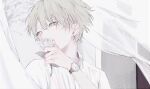  1boy androgynous bishounen covered_mouth curtains earrings flower grey_eyes highres jewelry looking_afar looking_to_the_side male_focus original pale_skin sinaco solo watch white_hair wristwatch 