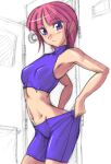  1girl breasts clothes_pull mai_kobayashi midriff non-web_source pink_hair purple_eyes sangekimaru small_breasts super_robot_wars super_robot_wars_original_generation 