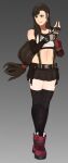  1girl absurdres black_hair black_legwear boots brown_eyes cheese_cat crop_top dangle_earrings earrings elbow_pads final_fantasy final_fantasy_vii final_fantasy_vii_remake fingerless_gloves gloves gradient gradient_background highres jewelry long_hair low-tied_long_hair midriff navel shirt skirt smile solo standing suspender_skirt suspenders tank_top taut_clothes taut_shirt thighhighs tifa_lockhart undershirt white_tank_top 