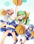  3girls :d :o ^_^ arm_up armpits bare_arms bare_shoulders blue_eyes blue_footwear blue_hair blue_skirt bow bow_panties cheerleader chima_q closed_eyes clothes_writing collarbone commentary_request daiyousei daiyousei_mob_(touhou) extra facing_viewer fairy fairy_wings green_hair hair_bow hair_ornament heart highres legs long_hair looking_at_viewer midriff multiple_girls navel open_mouth outstretched_arm panties pink_hair pom_pom_(cheerleading) red_bow red_eyes shoes side_ponytail skirt smile sneakers spoken_heart sweatdrop tank_top textless thighs touhou underwear white_panties wings yellow_bow 