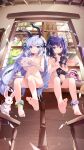  2girls absurdres animal animal_ears animal_hug bangs bare_arms bare_legs barefoot black_cat black_hairband blue_eyes blue_flower bunny cat choker closed_mouth eyebrows_visible_through_hair fake_animal_ears feet flower flower_anklet foot_focus from_below fuiba_fuyu full_body gochuumon_wa_usagi_desu_ka? hair_flower hair_ornament hair_ribbon hairband hairclip hehehzb highres holding holding_animal holding_cat indoors kafuu_chino long_hair looking_at_viewer multiple_girls parted_lips purple_hair purple_ribbon rabbit_ears revision ribbon short_hair signature silver_hair sitting sleeveless smile soles toes very_long_hair white_choker window 